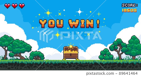 Pixel game win screen. Retro 8 bit video game interface with You Win text, computer game level up background. Vector pixel art illustration 89641464