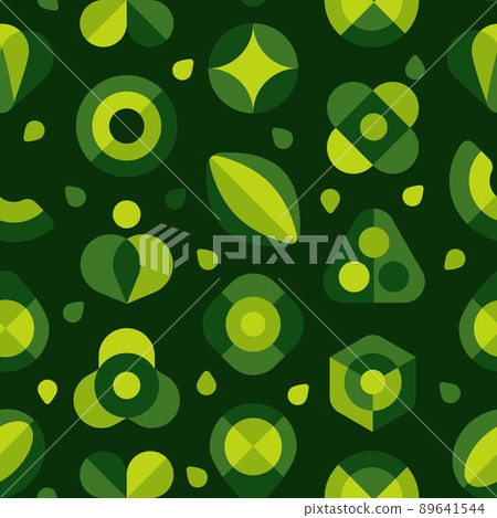 Flat geometric pattern. Seamless print of minimalistic green organic shapes and abstract figures. Vector texture Flat geometric pattern. Seamless print of minimalistic green organic shapes and abstract figures. Vector texture 89641544