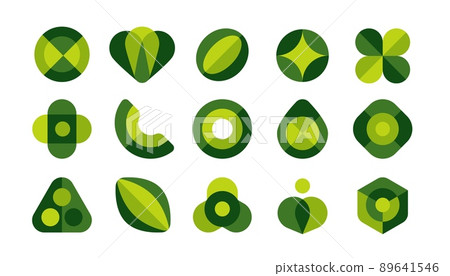 Minimalistic logo shapes. Abstract green geometric elements, healthy fresh food and organic products. Vector isolated set Minimalistic logo shapes. Abstract green geometric elements, healthy fresh food and organic products. Vector isolated set 89641546