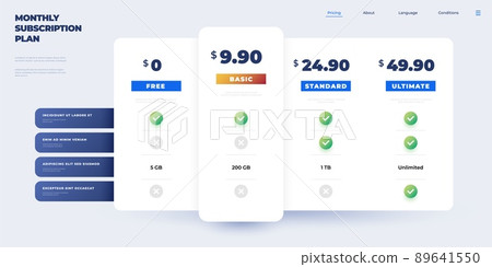 Price plan. Comparison table infographic, monthly subscriptions checklist with options and advantages. Vector modern feature spreadsheet template 89641550
