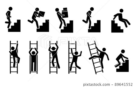 Stick man go up. Black pictograms of people climbing on staircase and ladder, stickman silhouettes. Vector movement and success concept Stick man go up. Black pictograms of people climbing on staircase and ladder, stickman silhouettes. Vector movement and success concept 89641552
