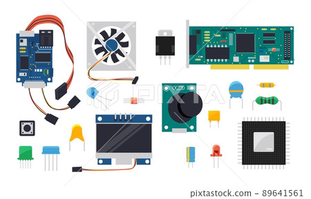 DIY controller. Electric and mechanical components for microcontroller and smart home circuit board, display wires and semiconductors vector set 89641561
