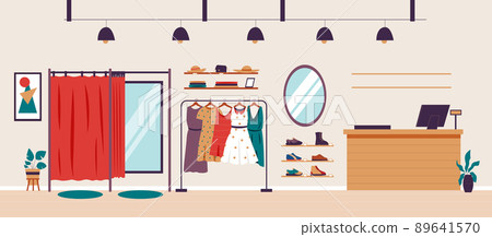 Showroom interior. Cartoon fashion boutique with women clothes and shoes, checkout and dressing room. Vector illustration Showroom interior. Cartoon fashion boutique with women clothes and shoes, checkout and dressing room. Vector illustration 89641570