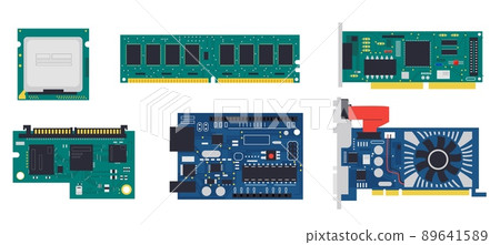 Electronic PCB. Electric circuit board with memory chip, conductor and semiconductor components. Vector microcontroller hardware set 89641589