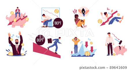 Financial crisis. Business bankruptcy, money loss, and economy collapse cartoon concepts with business characters. Vector credit and loan scenes Financial crisis. Business bankruptcy, money loss, and economy collapse cartoon concepts with business characters. Vector credit and loan scenes 89641609