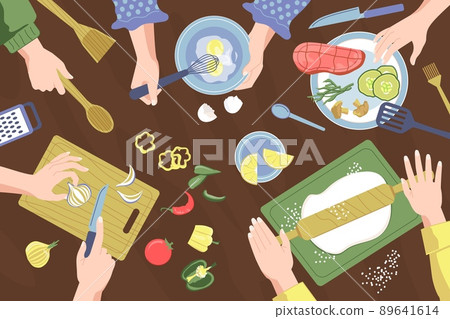 Hands cooking top. Cook class poster with top view of hands holding kitchenware and utensils, cutting and blending. Vector banner 89641614