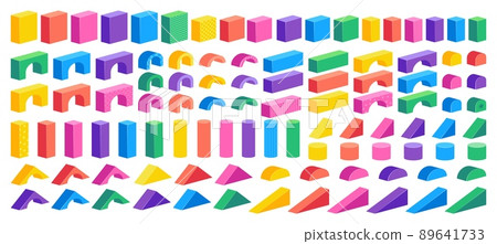 Isometric block constructor. Cartoon colorful building puzzle for children, plastic cubes cylinders and cones 89641733