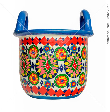 Handmade artistic pained colorful decorated pottery basket with two handles isolated with clipping path Handmade artistic pained colorful decorated pottery basket with two handles isolated with clipping path 89642032