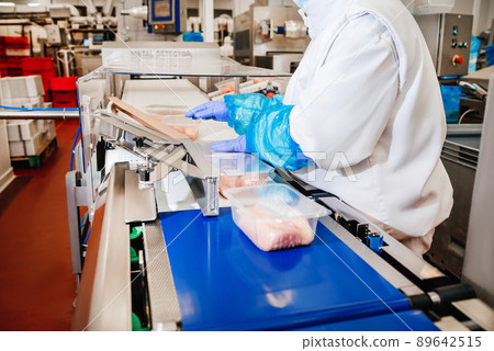 Conveyor Belt Food.Automated production line in modern food factory.People working.Chicken fillet production line.Production process, packaging on the conveyor line of meat in boxes. 89642515