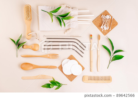Concept zero waste.Sustainable Living.Plastic-free concept.Close-up.Ecological tableware made of natural materials.Wooden and paper tableware for meals.wooden cutlery.Top view. 89642566