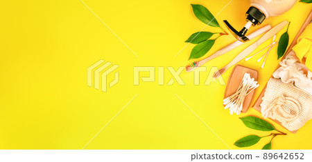 Banner, poster of Items for hygiene and face and body care made of eco-friendly materials.Plastic free background. Personal care products made from natural materials.Zero waste concept. Banner, poster of Items for hygiene and face and body care made of eco-friendly materials.Plastic free background. Personal care products made from natural materials.Zero waste concept. 89642652