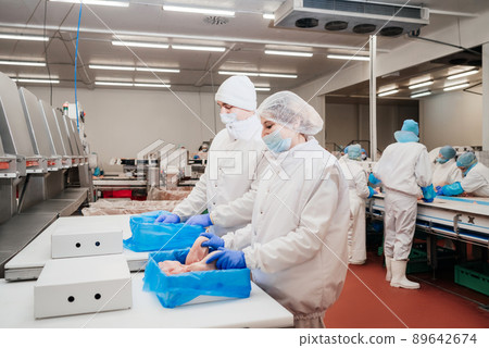 Automated production line with packaging and cutting of meat in modern food factory.Meat processing equipment. Food products meat chicken fillet production line in plastic packaging on the conveyor. 89642674