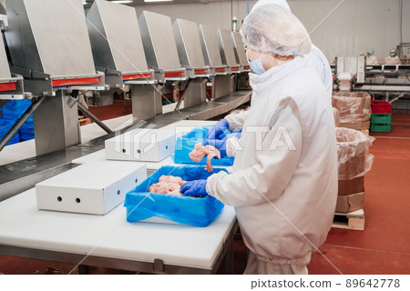 Modern poultry processing plant.Factory for the production of food from meat.Conveyor Belt Food.Automated production line in modern food factory. 89642778