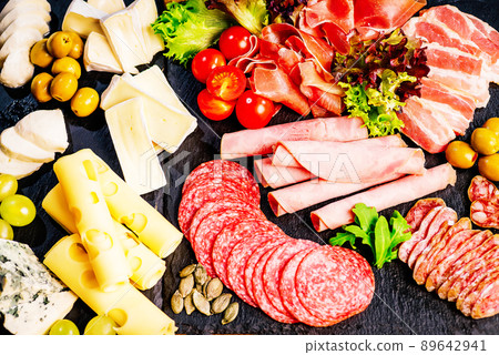 Top view.Antipasto platter cold meat plate with cheese. Top view.Antipasto platter cold meat plate with cheese. 89642941