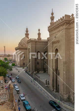 External view of Al Rifai and Sultan Hasan historical mosques, Old Cairo, Egypt 89643645