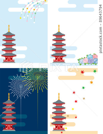 日本春夏秋冬四個季節的風景圖和一座五層寶塔 89643794