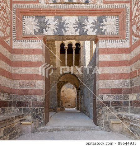 Exterior shot of entrance of Al-Muayyad Bimaristan historic hospital building, Darb Al Labana district, Old Cairo, Egypt 89644933