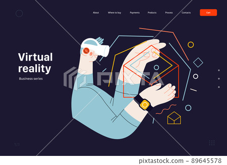 Technology Memphis - virtual reality -modern flat vector concept digital illustration of a man wearing VR goggles headset touching a simulated 3d construction. Creative landing web page template 89645578