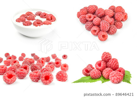 Set of raspberries with leaves on a white background cutout Set of raspberries with leaves on a white background cutout 89646421