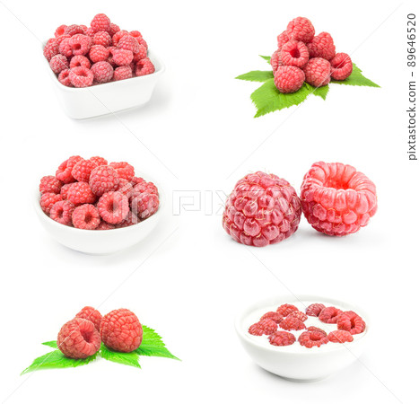 Set of juicy raspberry over a white background 89646520