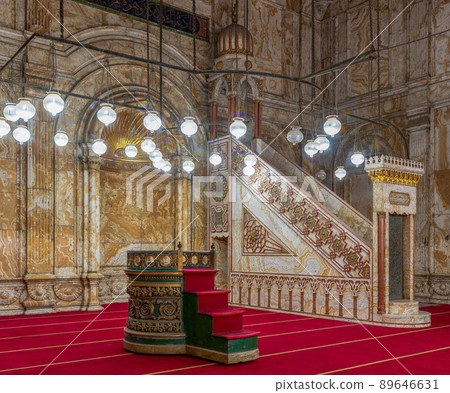 Alabaster wall with engraved niche and Platform at the Mosque of Muhammad Ali (Alabaster Mosque), Citadel of Cairo in Egypt 89646631