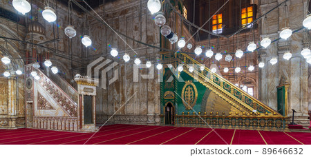 Engraved marble alabaster platform (Minbar) and wooden green decorated platform, Mosque of Muhammad Ali, Citadel of Cairo, Egypt Engraved marble alabaster platform (Minbar) and wooden green decorated platform, Mosque of Muhammad Ali, Citadel of Cairo, Egypt 89646632