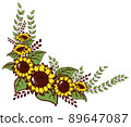 Bunch of summer yellow blooming sunflowers bouquet floral corner arranngement frame 89647087