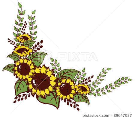 Bunch of summer yellow blooming sunflowers bouquet floral corner arranngement frame 89647087
