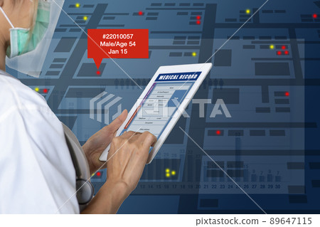 Female doctor searches for patient medical records on digital tablet to analyze epidemiological data. 89647115
