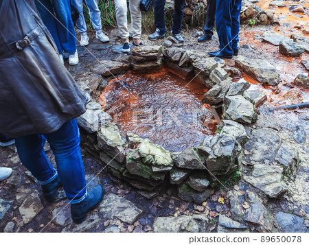Tourists surrounded a shallow stone well filled with mineral water. Healing mineral spring of the Narzans valley 89650078