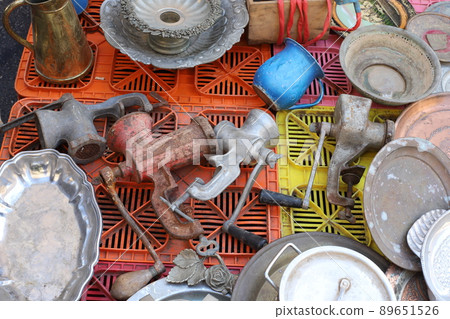 Very old and rusty things are sold at a flea market in Tel Aviv 89651526