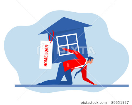 Businessman carrying burden with kneeling of home icon with home loan sign debt concept vector illustrator 89651527