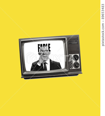 Contemporary art collage. Excited man sticking out from retro tv set isolated on yellow background. Concept of art, surrealism, news, sales, info, discount Contemporary art collage. Excited man sticking out from retro tv set isolated on yellow background. Concept of art, surrealism, news, sales, info, discount 89653483