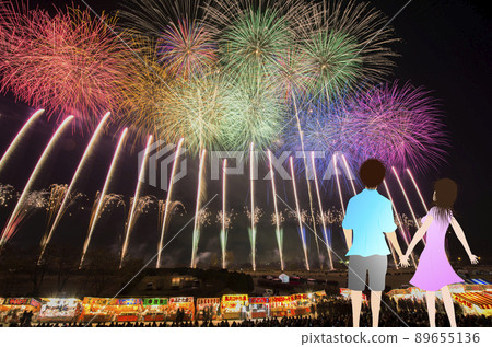 [Summer image] The back view of a couple looking up at the fireworks. 89655136