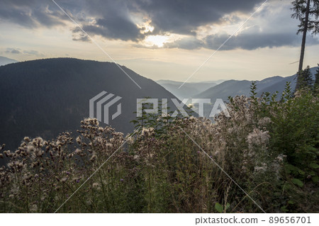 Afternoon view from the mountain trail in the Nova Levante. Dolomites. Afternoon view from the mountain trail in the Nova Levante. Dolomites. 89656701