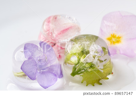 Ice cubes with frozen flowers on a white background. Extreme Flower 89657147