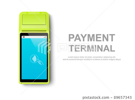 Vector Realistic Green 3d Touch NFC Mobile Payment Machine. POS Terminal Closeup Isolated on White. Design Template of Bank Payment Wireless Contactless Terminal, Mockup. Payments device. Top View 89657343