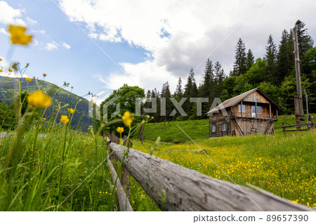 Scenic landscape panoramic view of green forest ukrainian mountain hill wooden fence and old barn along country road. Countryside rural alpine wild flower meadow against bkue sky background 89657390