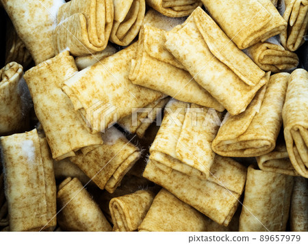 Frozen pancakes with meat in the freezer 89657979