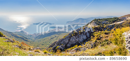 Panoramic view of the city of Budva, Montenegro. Beautiful view from the mountains to the Adriatic Sea 89658690