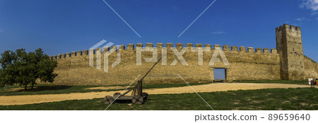 wooden trebuchet in the yard of the Akkerman fortress in Bilhorod-Dnistrovsky, Ukraine wooden trebuchet in the yard of the Akkerman fortress in Bilhorod-Dnistrovsky, Ukraine 89659640