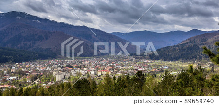 the panoramic aerial view of Skole town in Carpathian mountains, national park Skolivski beskidy, Ukraine 89659740