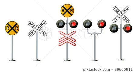 Railway signs set isolated on a white background. Vector railroad traffic light Railway signs set isolated on a white background. Vector railroad traffic light 89660911