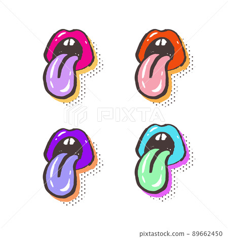 Female lips with protruding tongue pop art card. Hand draw vector illustration Female lips with protruding tongue pop art card. Hand draw vector illustration 89662450