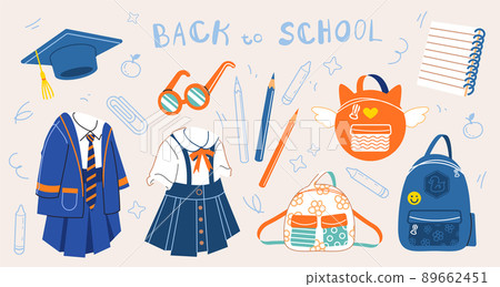 School outfit. Childrens graphic elements and icons in cartoon style. Back to school concept School outfit. Childrens graphic elements and icons in cartoon style. Back to school concept 89662451
