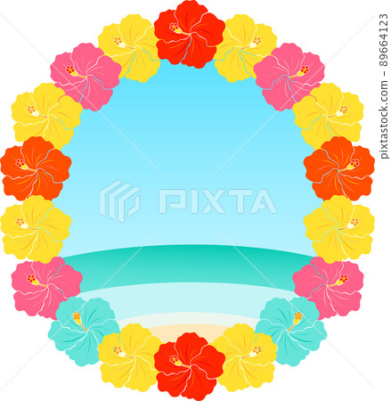 Colorful hibiscus circular frame and beach illustration Colorful hibiscus circular frame and beach illustration 89664123