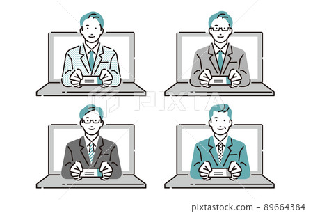 Business person male icon set for exchanging business cards online on a personal computer 89664384