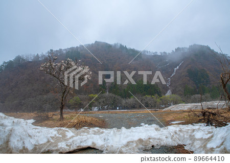 Snow-melting Uonogawa riverbed, Umehana, near Yuzawa IC on the Kan-Etsu Expressway, remaining snow, early spring scenery Snow-melting Uonogawa riverbed, Umehana, near Yuzawa IC on the Kan-Etsu Expressway, remaining snow, early spring scenery 89664410