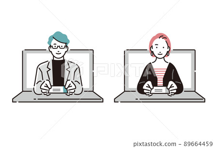 Men and women icon set for exchanging business cards online on a personal computer 89664459