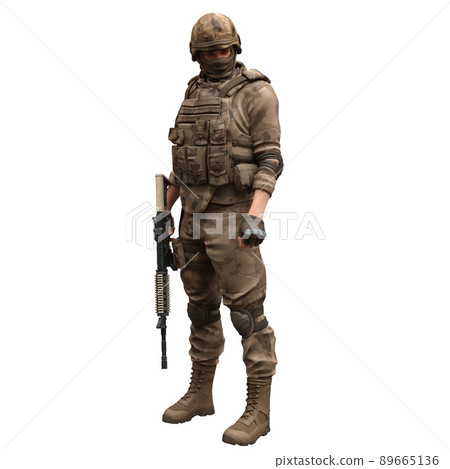 Soldier with a machine gun isolated white background 3d illustration 89665136
